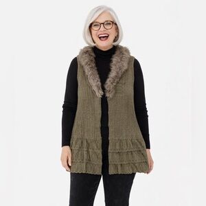 Y2K coastal Sweater Vest Sz L Taupe Faux Fur Knit w lace ruffle  **2 for 20**